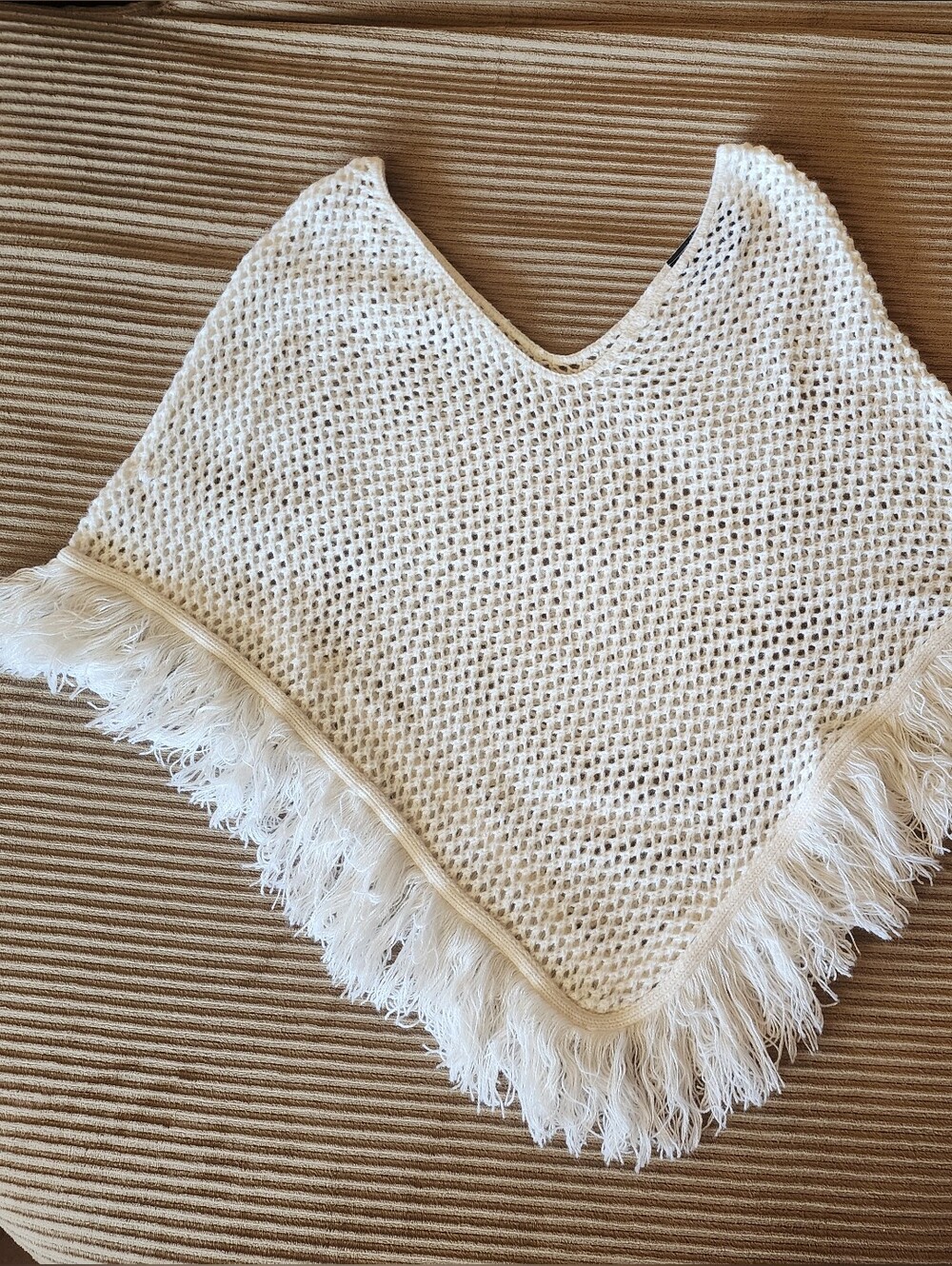 White Fringe Open-Weave Poncho